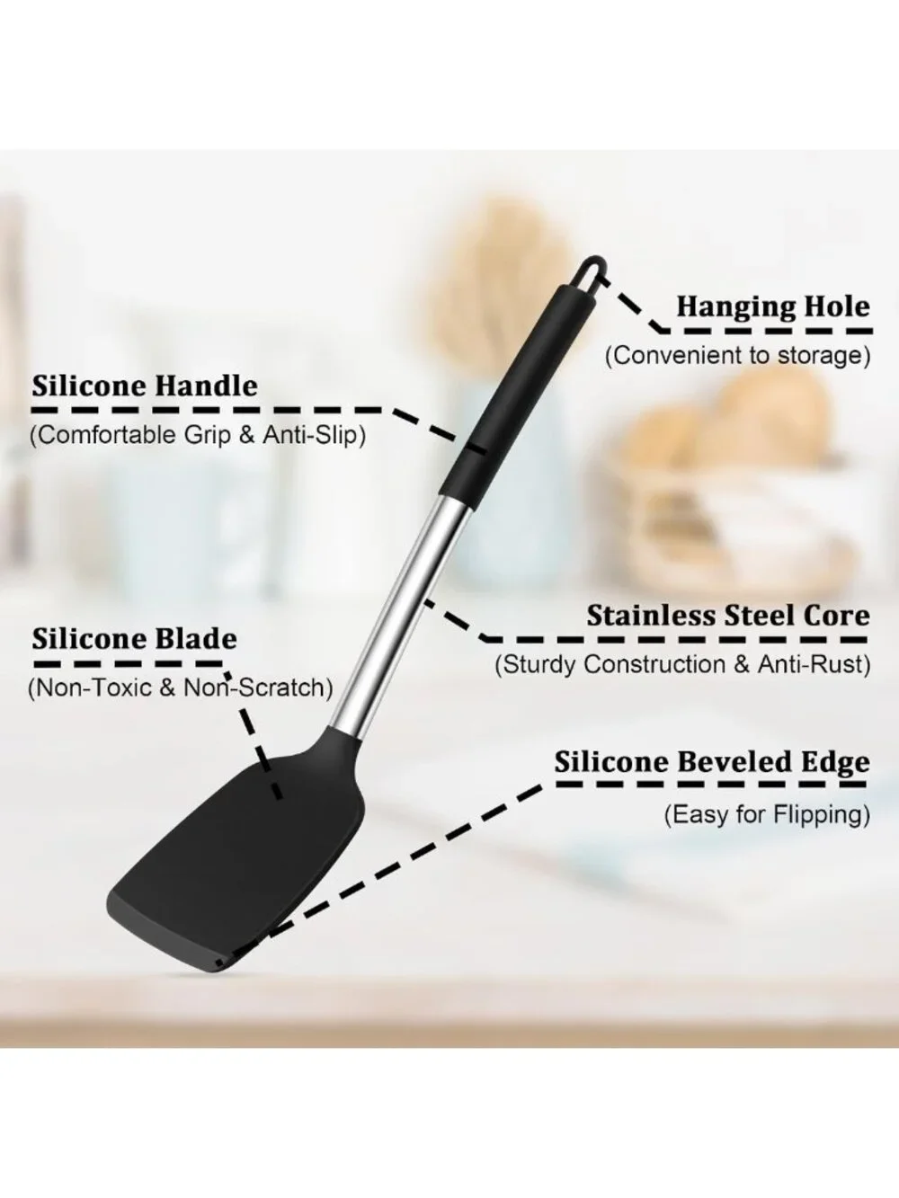 5 PCS Silicone Kitchen Utensils Set with Stainless Steel Handles - Heatproof